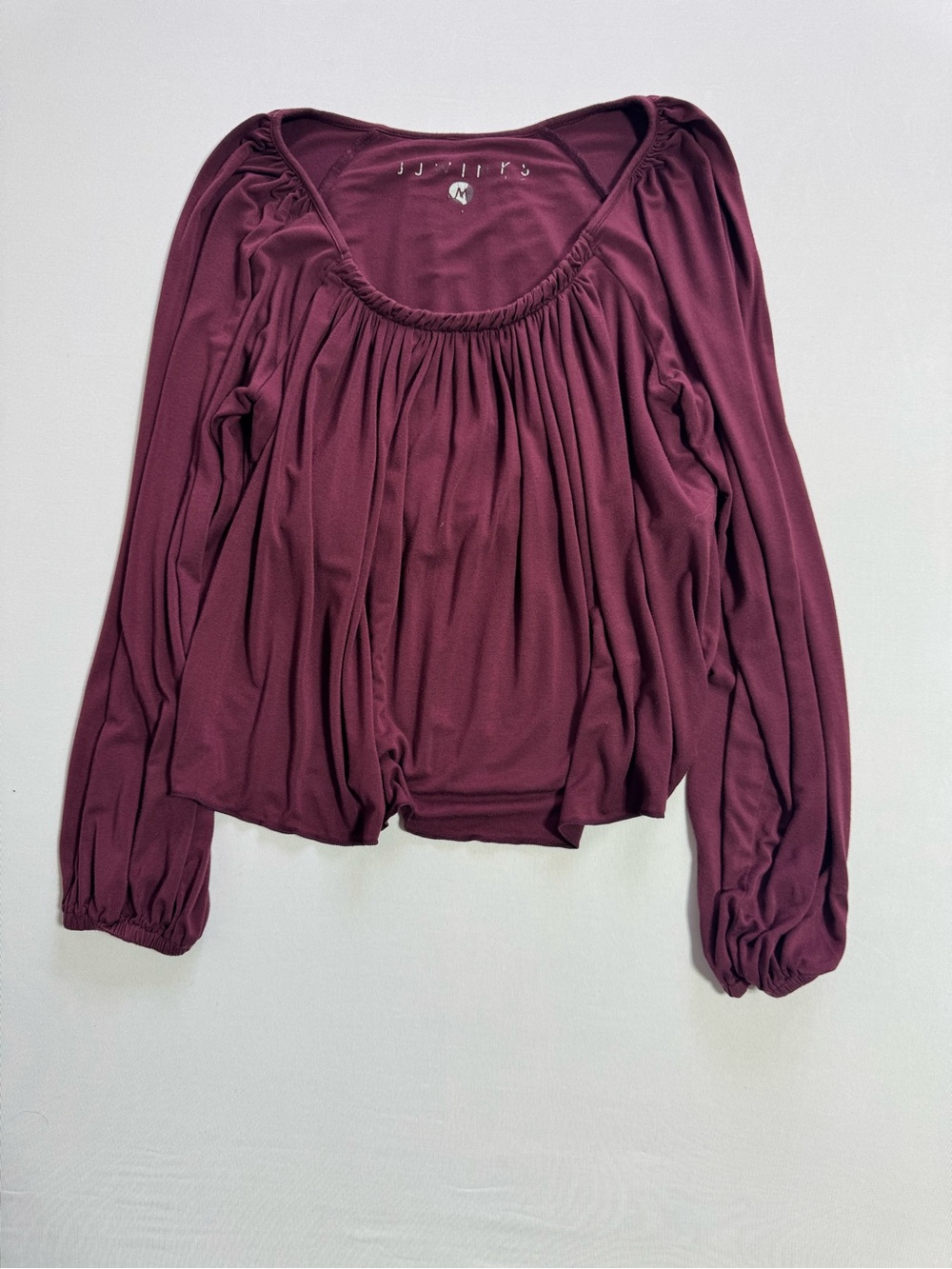 Women's Gathered Scoop Neck Long Sleeve Top - Deep Wine
